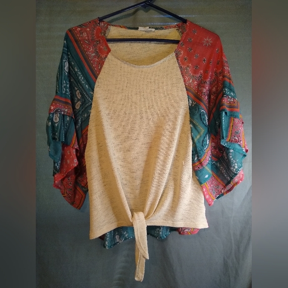 La Miel Boho Knit Top with Patterned Sleeves - Picture 1 of 3